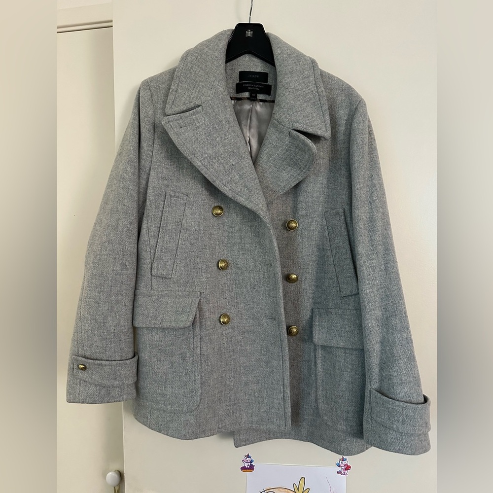 J. Crew Majesty Double Breasted Stadium Cloth Pea Coat Light Gray Size 14T